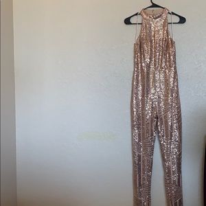 Hot Miami Styles sequin, rose gold jumpsuit medium